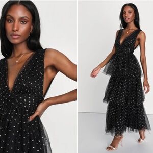 LULU's Flowy Prom Wedding Boho Sexy Elegant Tiered Ruffles Tulle Chic Dress